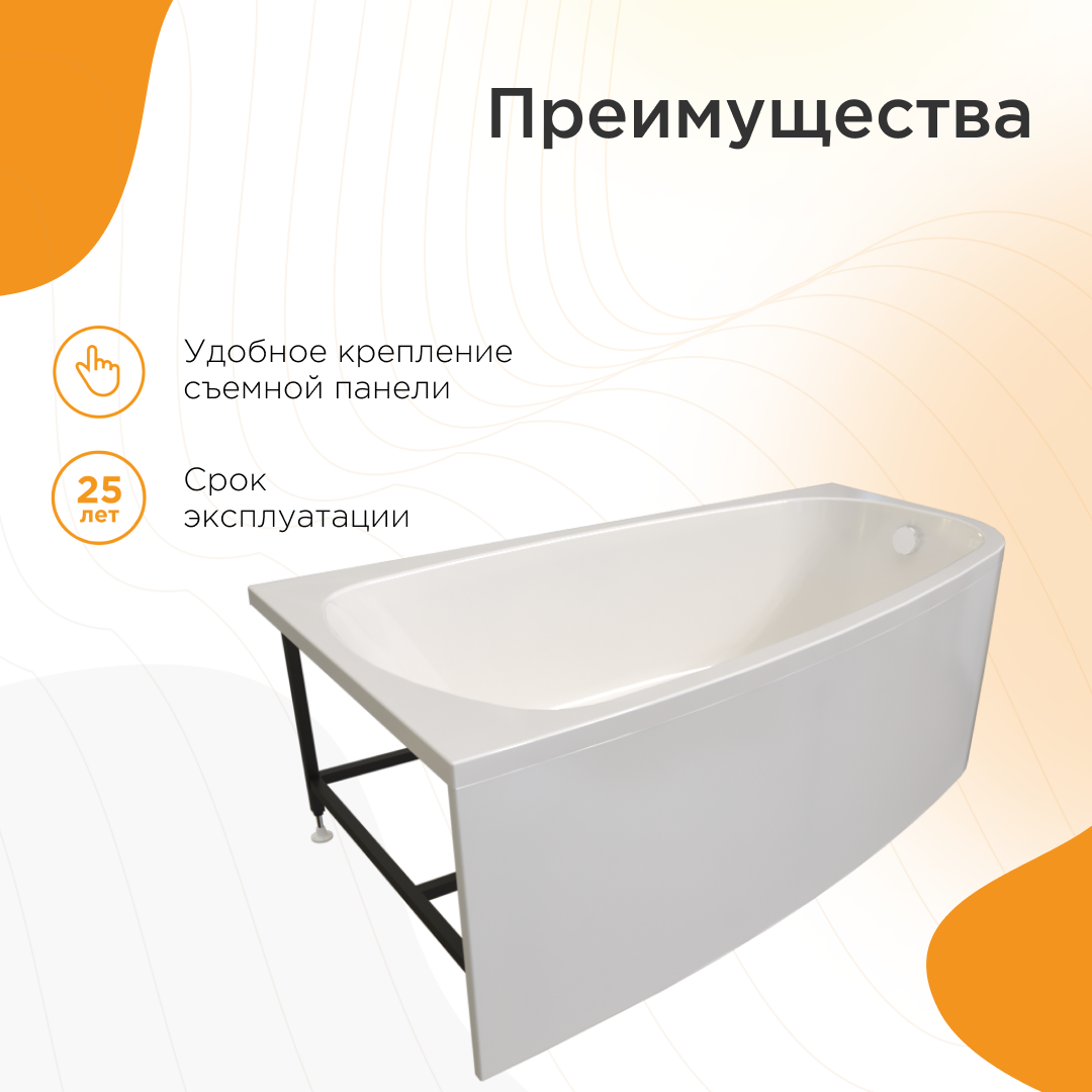 Ванна акриловая "РОНА 148х80" (левое исполнение), рама-подставка,слив-перелив,экран
