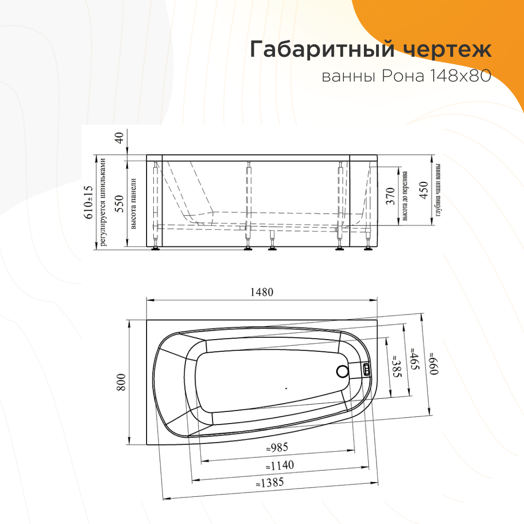 Ванна акриловая "РОНА 148х80" (левое исполнение), рама-подставка,слив-перелив,экран