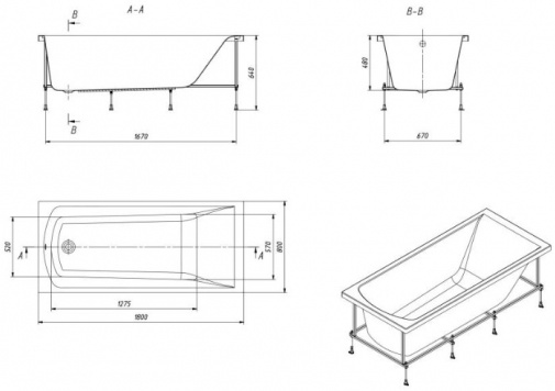 Акриловая ванна Santek ФИДЖИ 180x80 см,каркас+экран+слив-пер(1.WH50.1.706+1.WH30.2.483+1.WH30.2.484)