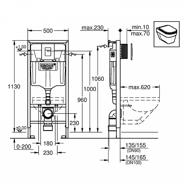 Инсталяция д/унитаза GROHE Rapid SL арт.38772001Gr  (рама 38 528, крепление 38 558 + Skate Air 38 732 квадрат) АКЦИЯ