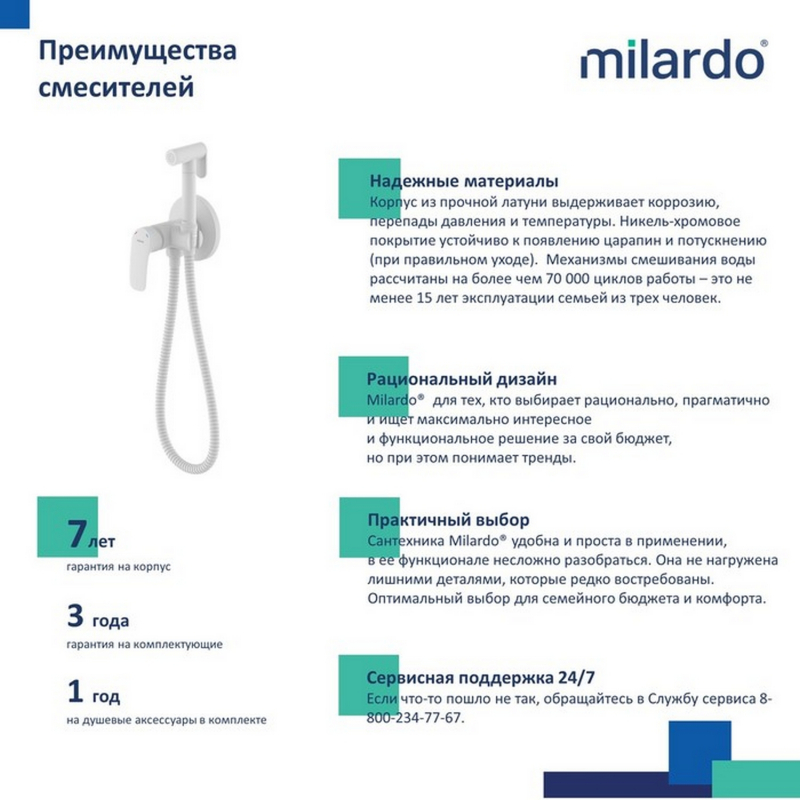 Смеситель с гигиенической лейкой 25к Milardo RORWTR0M08 Rora встраиваемый, БЕЛЫЙ матовый