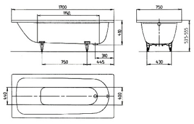Ванна 170х75см стальная 3,5мм Saniform Plus мод. 373-1 (Kaldewei) + ножки мод. 5030К