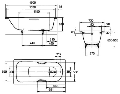 Ванна 170х73см стальная 3,5мм Saniform Plus мод. 371-1 (Kaldewei) + ножки мод. 5030К