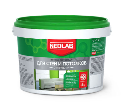 Краска для стен и потолков влагостойкая акриловая супербелая 3 кг NEOLAB