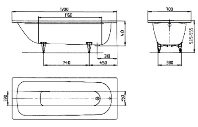 Ванна 170х70см стальная 3,5мм Saniform Plus мод. 363-1 (Kaldewei) + ножки мод. 5030К