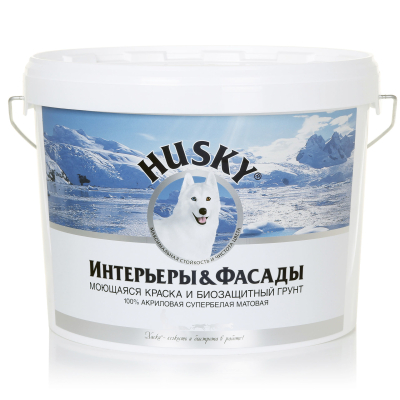 Краска моющаяся и биозащитный грунт Интерьеры и фасады 9л HUSKY